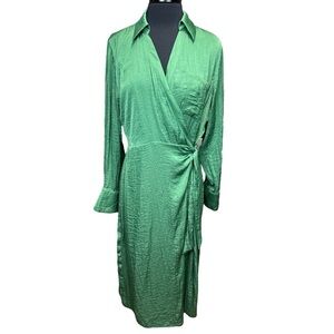 NWOT Gibson Latimer Jewel Green Faux Wrap Dress Long Sleeve Size Large